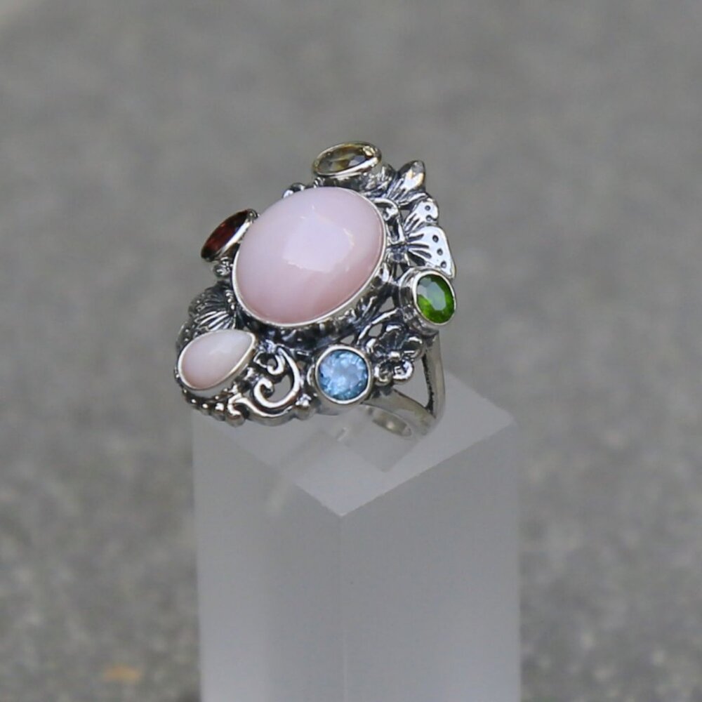 Bali Legacy ✦ Pink Opal & Multi Gemstone Ring ✦ 5.40ctw Sterling Silver Floral - Picture 5 of 16